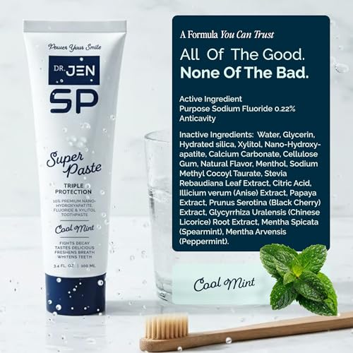 Dr. Jen Super Paste Toothpaste, 10% Nano Hydroxyapatite, Dentist Designed Mint 3.4 Ounce (Pack of 1)