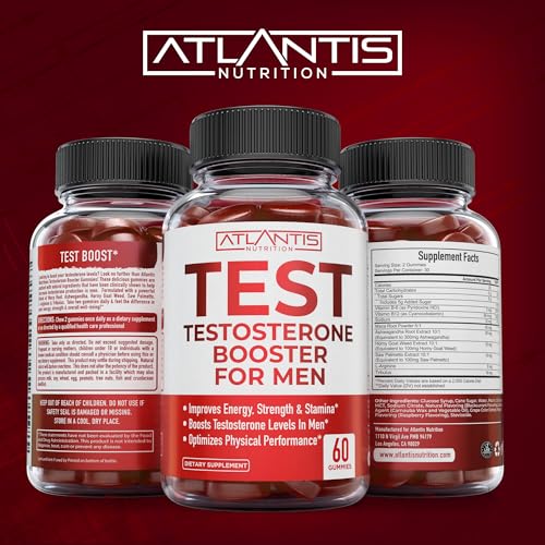 Atlantis Nutrition Testosterone Booster Gummies for Men - Enhances Strength & Stamina - Optimizes Performance & Male Enhancement - Tribulus, Goat Weed Extract, Maca Root Extract | 60 Gummies 60 Count (Pack of 1)