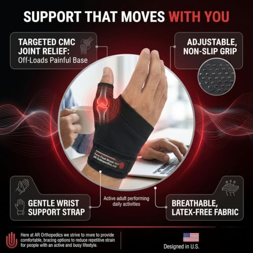 AR Orthopedics Basal Thumb Support Brace - Adjustable, Breathable, Non-Slip, Latex-Free Fabric for Adults - Offloads Basal Thumb Pain and Scar, Provides Padding and Support Left Black Small