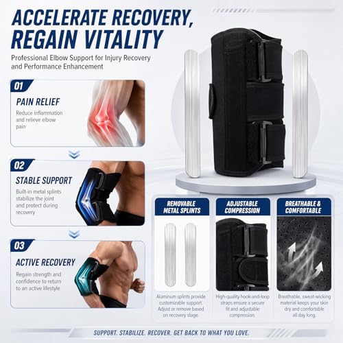 2026 Upgraded Elbow Brace for Cubital Tunnel with Tri-Support & 6 Interchangeable Rods - Ulnar Nerve Support Adjustable Night Splint for Tendonitis, Tennis Elbow for Men & Women