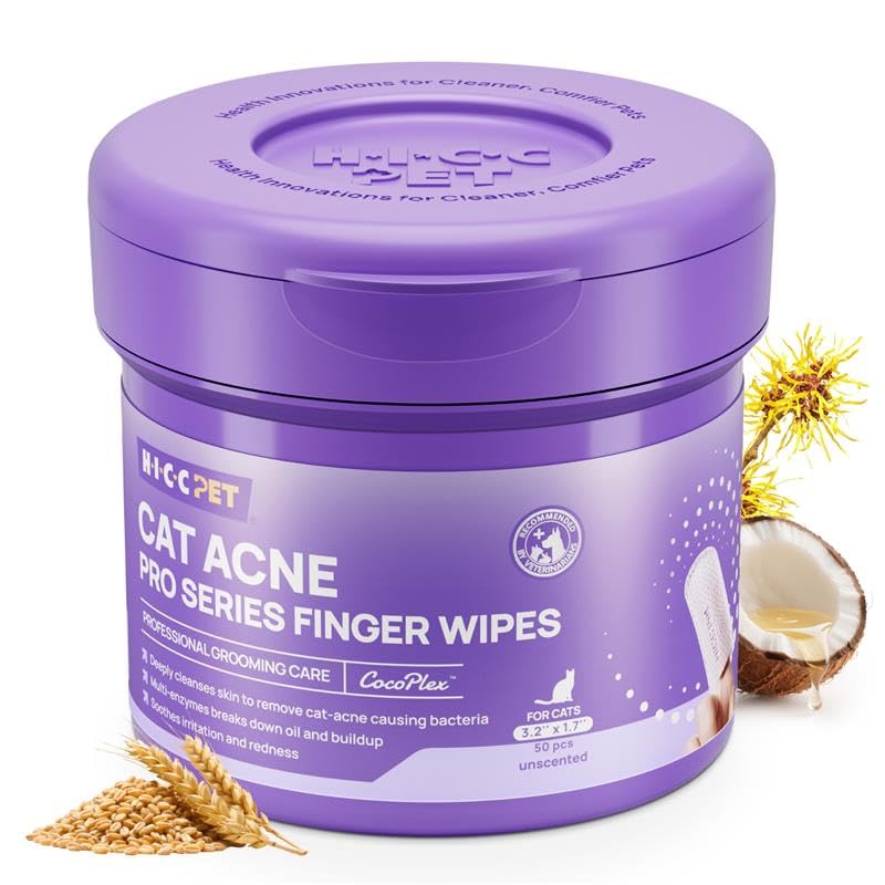 HICC PET Cat Chin Acne Finger Wipes – Gentle Enzyme Complex Care for Feline Acne & Blackheads, Vet Recommended Daily Chin Cleaning Wipes, No-Rinse Natural Formula Unscented 50pcs