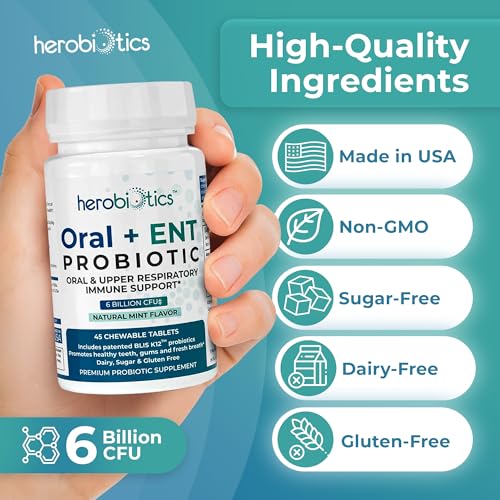 Oral Probiotics for Better Breath, Gingivitis, Strep Throat, Tonsil Stones, ENT - 6 Bn CFU Oral Probiotics with Lactobacillus Reuteri, L. Plantarum & BLIS K12-45 Chewable Tablets