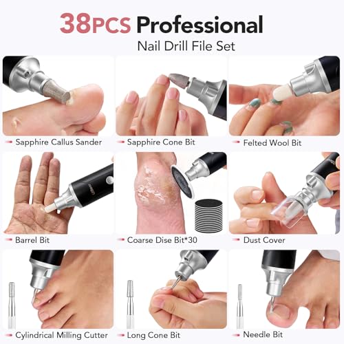 Litbear Electric Nail Drill File for Hand Feet Care, 15 Speed Professional Nail Grinder for Thick Toenails, Cordless Pedicure Manicure Set for Women Men Senior, Home Salon Use (Black) Black
