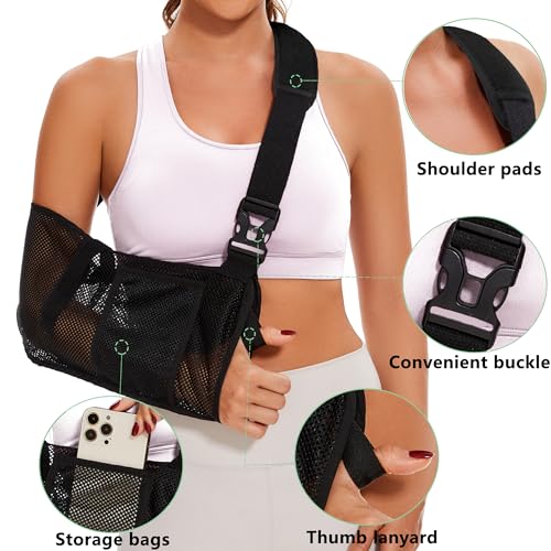 KONSEDIK Mesh Arm Sling - Medical Shoulder Sling for Shower - Adjustable Arm Brace,for Men Women Rotator Cuff Injury,Left Right Arm,Wrist, Elbow,Clavicle Fracture Post-Surgery(Small) Black Small
