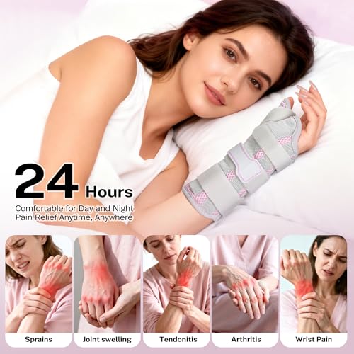 Medibot Wrist & Thumb Brace for Day & Night Support - Adjustable Spica Splint for Carpal Tunnel, De Quervain's, Tendonitis Pain Relief and Arthritis, R/M Size Pink for Men & Women Medium Right Hand-pink