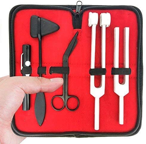 SurgicalOnline Percussion Taylor Reflex Hammer + C 128 & C 512 Tuning Forks + Bandage Scissors + Pupil Gauge Pen Light in Carrying Case - 6-Piece Set (Black)
