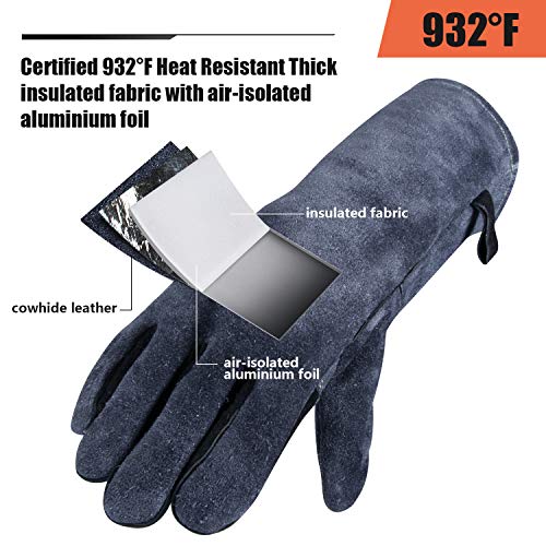 OZERO Welding Gloves 14 Inch, EN407 Certified Heat Resistant to 932°F, Gray