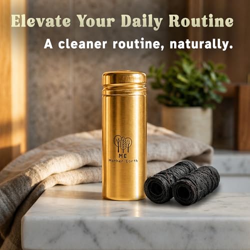 Vegan Bamboo Charcoal Dental Floss with Refillable Gold Stainless Steel Container with 30m x4 Refill | Peppermint Essential Oil | Eco Friendly Zero Waste Oral Care
