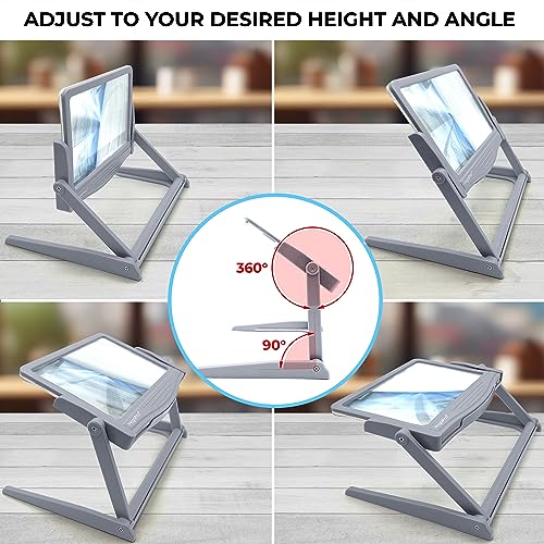 MAGNIPROS 5X LED Page Magnifying Glass, Detachable Stand, 3 Color Modes Gray