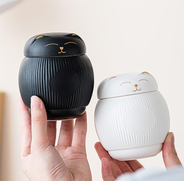 DiDiBirDi Ceramic Urn for Cat, Animal Urn, Pet Cremation Box, Cat Urn for Ashes, Black Cat Urns for Ashes (White) White - BeesActive Australia