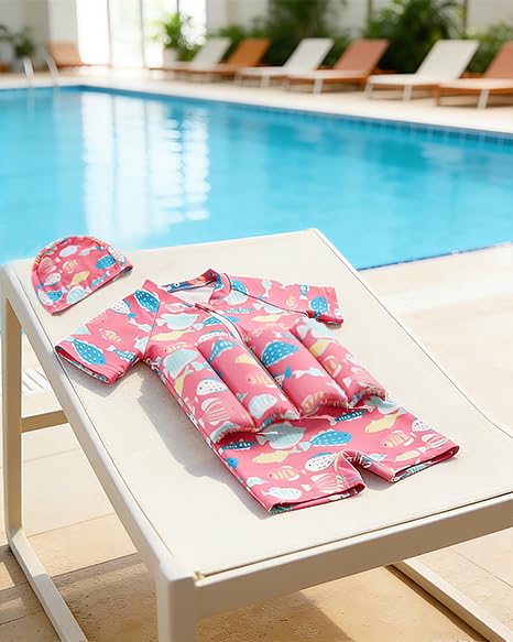 Baby Toddler Girls Boys Float Suit One Piece Rashguard Cartoon Short Sleeve Zip up Buoyancy Swimsuit +Cap 2-3T Pink