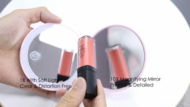 Compact Mirror with LED Light,1x/10x Magnifying Rechargeable Mirror,3.5in, Dimmable Travel Mirror for Purse,Pocket,Handheld 2-Sided Makeup Mirror Pink+white