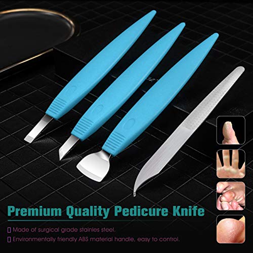 BEZOX Ingrown Toenail Removal Blades and Foot Callus Knife - 3 Different Blades Pedicure Knives with Toenail Lifter and Thick Nail File - Blue
