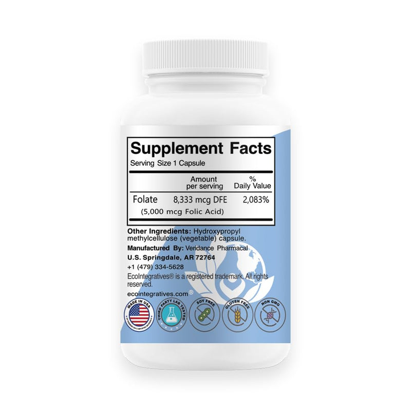 Folic Acid Folate 5mg Supplement - 100 Vegetable Capsules | Prenatal, Reproductive Health*, Homocysteine, Metabolism, Cardiovascular, Cognitive and Bone Health*, Allergen Free, Non GMO
