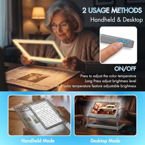 MAGNIPROS 5X LED Page Magnifying Glass, Detachable Stand, 3 Color Modes Gray