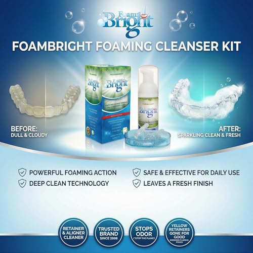 FoamBright Aligner & Retainer Cleaner 2-Pack + 10 Teeth Whitening Wipes | Great for Invisalign, Candid, Byte, Night Guard & Mouth Guard | Peroxide Free Foam | 240+ Treatments 2 Units + 10 Teeth Wipes