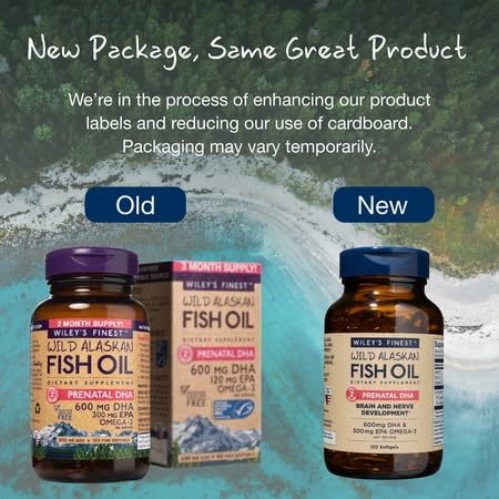 Wiley's Finest Wild Alaskan Fish Oil Prenatal DHA, 120 Count (Pack of 1) | Prenatal Softgels, 300 mg EPA and 600 mg DHA, Supports Brain and Nerve Development - For Pregnant Women and Nursing Mothers 120 Count (Pack of 1)