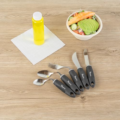 Restaurantware Adaptive Utensils - 1 count Stainless Steel, 9.84 x 5.12 x 1.57 Inches, Ergonomic Eating Aids, Non-Slip Utensil Set for Arthritis, Secure Grip Design, Black 5-Piece, Right Hand