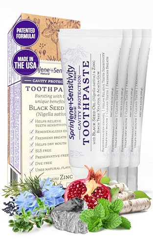 SprinJene Natural Sensitivity Relief, Fluoride Toothpaste for Sensitive Teeth & Gum (4 Pack) + Fluoride Free Mouthwash with Natural Ingredients