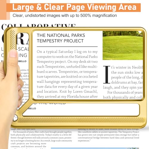 AKKYCVS 5X Full Page Magnifying Glass for Reading, Lightweight Rectangular Magnifier Provides Large Book Page Viewing Area, Handheld Magnifier for Reading Small Prints for Seniors, Low Vision-Gold Gold
