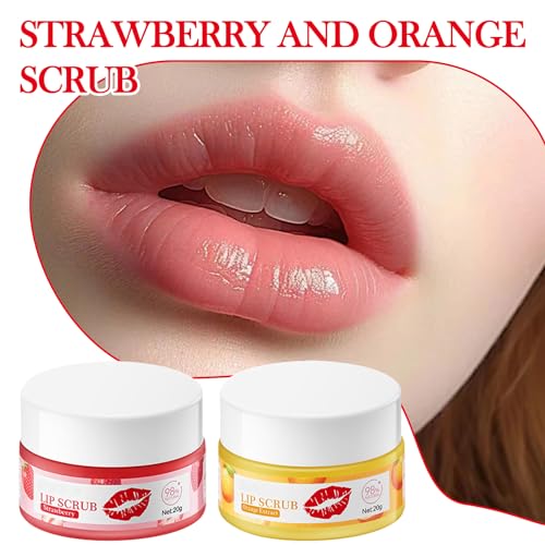 2PCS Strawberry & Orange Conditioning Lip Scrub Kit,Moisturizing Lip Sleeping Mask Long Lasting Hydrating Lip Scrubber Exfoliator Lip Care Products for Men & Women A