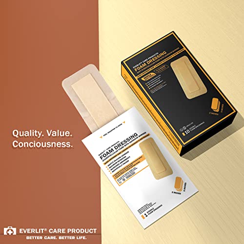 EVERLIT Care Silicone Foam Dressing with Adhesive Border | Highly Absorbent Hypoallergenic Bandages for Chronic Wounds, Bed Sores, Pressure Ulcers | Gentle & Secure Adhesion (2" x 5" | 10 Pack) 2" x 5" | 10 Pack