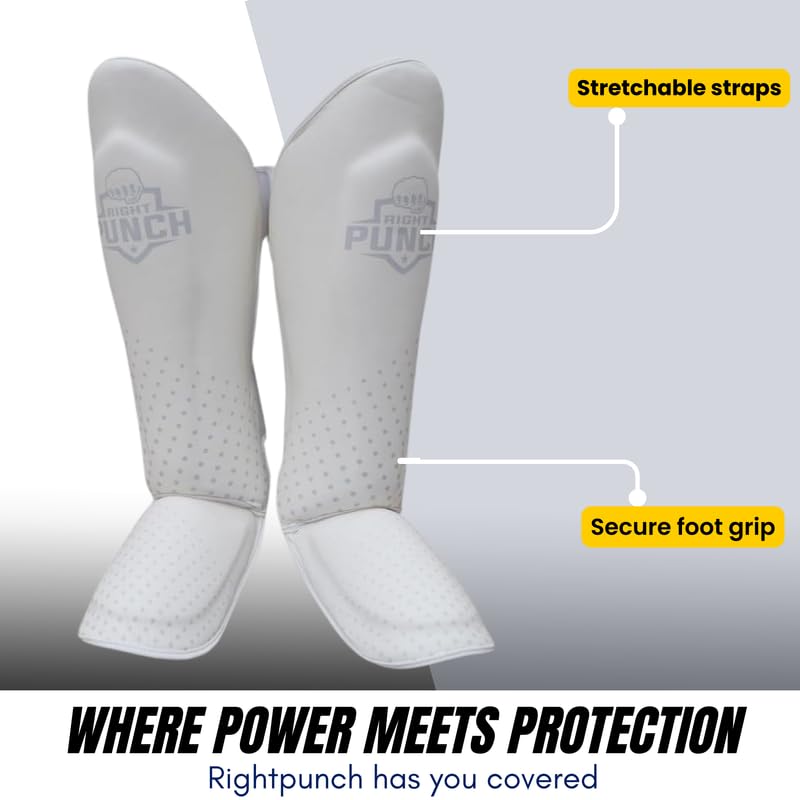 Shin Guards Kickboxing Leg Pads with Instep Protection, Muay Thai MMA Martial Arts Kicking Sparring Training Gear White & Silver Small