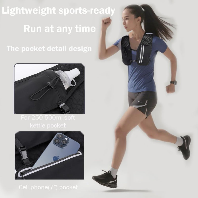Running Vest for Men Women, Adjustable Running Hydration Vest with 500ml Soft Water Bottle, Water Backpack with Phone Holder