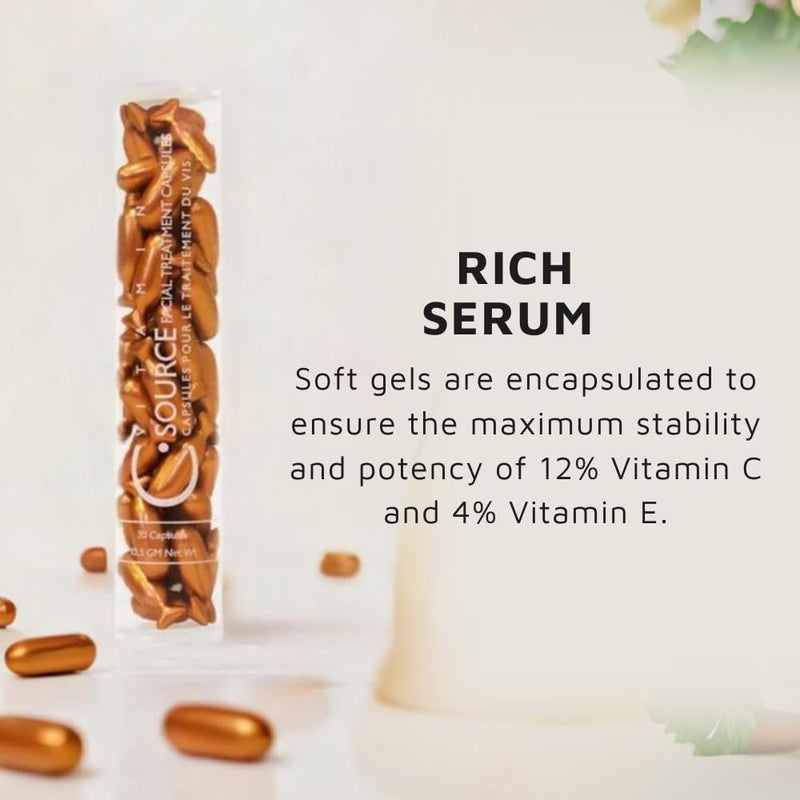 C-Source 12% Vitamin C Serum Capsules for Face by Adrien Arpel, Daily Facial Serum Helps Smooth Fine Lines and Wrinkles, Reduce Appearance of Dark Spots, 30 Capsules