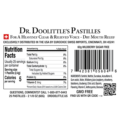 Dr. Doolittle’s Sugar Free Soft Fruit Pastilles for Voice and Throat, Wild Berries Flavor, 2.12 Ounce Tin, Approximately 25 Count Package, 2 Pack