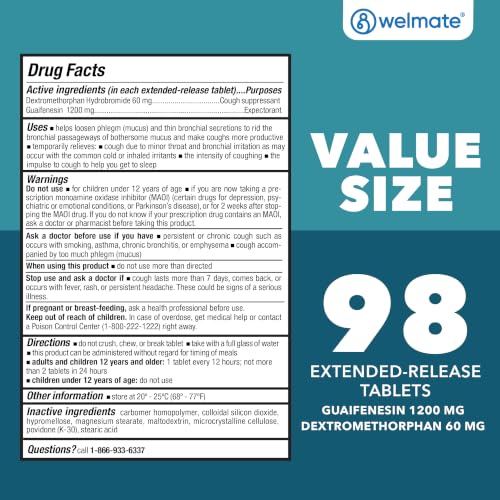 WELMATE Max Strength 12Hr Mucus Relief DM Cough Suppressant, 98 Tablets Mucus DM Relief - 1200 mg (98 ct)