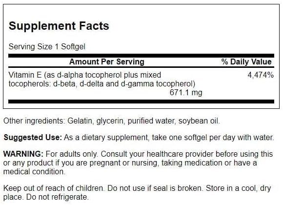 Swanson Vitamin E Mixed Tocopherols 1000 IU, 250 Softgels | Vitamin E from Mixed Tocopherols for Daily Antioxidant Support with a Plant-Based Full Spectrum Formula, No Processing