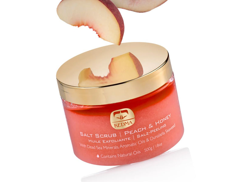 Kedma Peach & Honey Dead Sea Salt Scrub – Hydrating Salt Scrub Body Exfoliator with Almond & Mango Oils – Foot & Body Scrub for Women – Deep Nourishing Dead Sea Skincare - 18 oz 6.1 Fl Oz (Pack of 1)