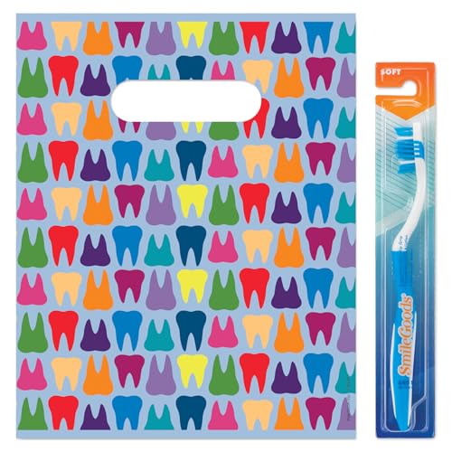 Practicon Rainbow Teeth 8" x 10" Dental Giveaway Bag, Dental Hygiene Patient Care Goodie Bag, Dentist Office Plastic Gift Bags, 100 Pack 8" x 10"
