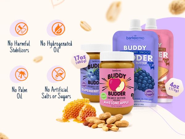 Bark Bistro Company Blueberry Probiotic Pup Buddy Budder, 100% Natural Dog Peanut Butter, Peanut Butter Treat Supplement, Made in USA (17oz)