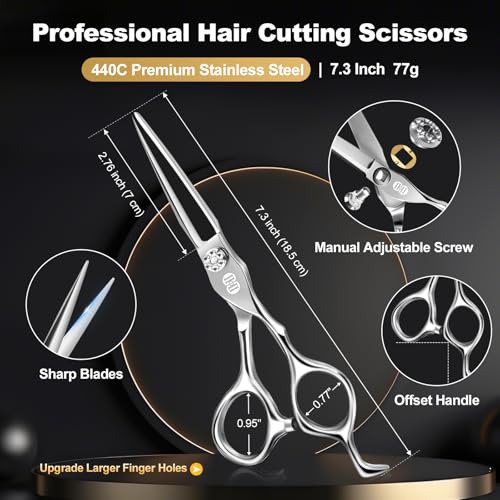 CIICII Professional Hair Cutting Scissors Kit, 440C 7″ Barber Shears Set 7.3 Inch Silver Hair Scissors Kit