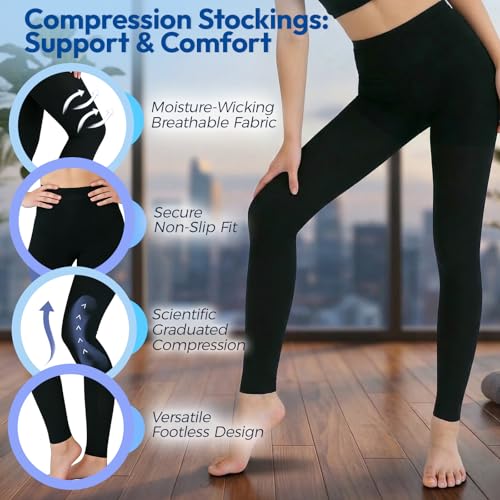 Compression Stockings Women, 15-20mmHg Medical Grade Compression Leggings Footless-Black+Beige Large