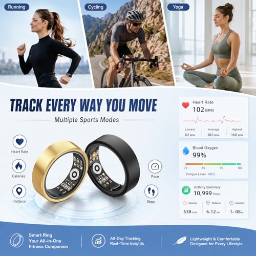 Smart Ring for Women Men Health Tracker - IP68 Waterproof Fitness Ring with Heart Rate/Blood Oxygen/Blood Pressure/Sleep Tracker/Step/Calories for iOS and Android,No Subscription Fee,Silver 12