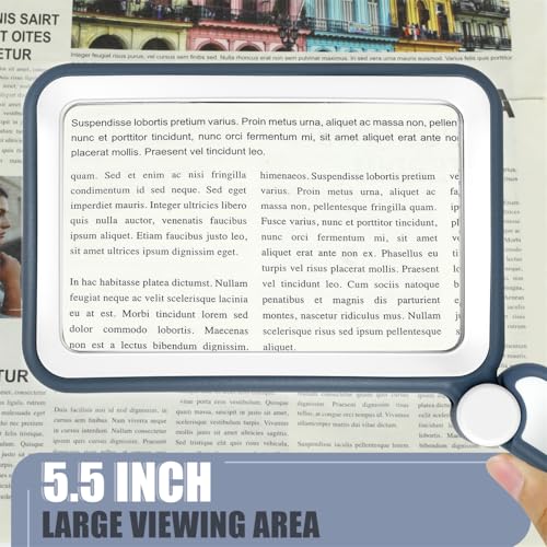 Magnifying Glass for Reading, Rechargeable 5X Large Page Magnifier with Light, Folding Handheld Dimmable Rectangle Lighted Magnifier for Reading Book Small Print for Seniors Low Vision, Blue White 5X/500%