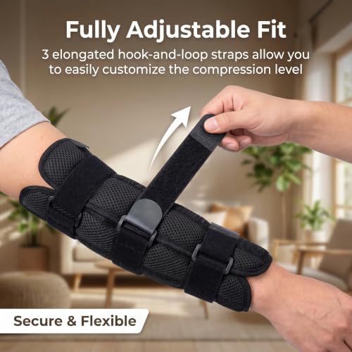 Elbow Brace Splint for Cubital Tunnel Syndrome, Adjustable Elbow Support for Fracture Recovery, Tennis Arm Stabilizer, Night Sleep Relief for Arthritis & Tendonitis Pain (Black)