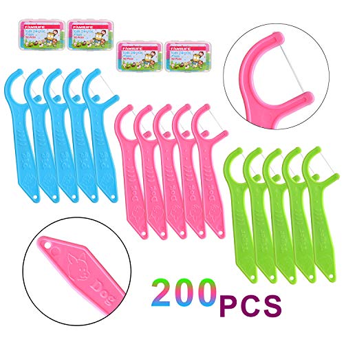 FAMILIFE Floss Picks Mint Dental Floss Picks with 4 Travel Handy Cases 240 Count Flossers and FAMILIFE Kids flossers Toddler Threaders Children Unwaxed Unflavored Fluoride Free Dental Floss Child Kid