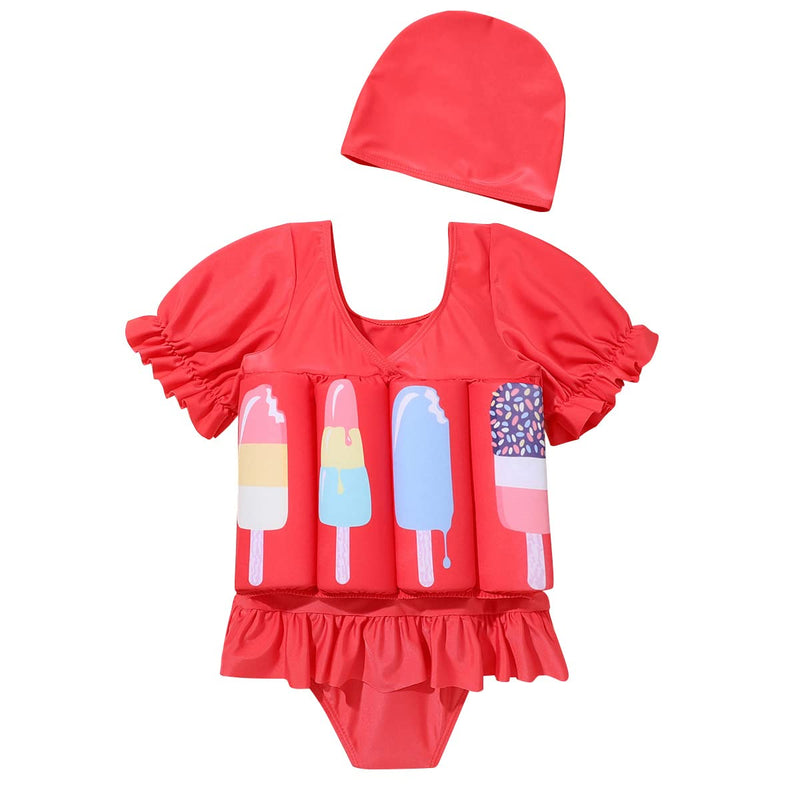 Kids Baby Girls Float Suit Ice Cream Floatation Swimsuit with Adjustable Buoyancy Bathing Swimwear Toddler One Piece Swimming Suit Summer Swim Vest Jacket Ruffle Tutu Swim Dress Red Ice Cream 2-3T - BeesActive Australia