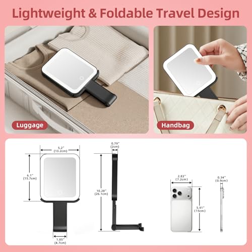 Travel Mirror with Lights, Rechargeable Magnifying Mirror 10X/1X, Black