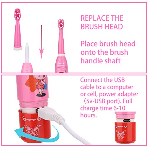 OJV 8630 Kids Sonic Electric Toothbrushes & 2 Pack Replacement Toothbrush Heads (Pink)