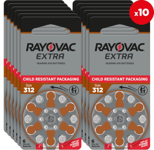 Rayovac Extra Size 312 Hearing Aid Batteries, Long-Lasting Power, Zinc-Air, Mercury Free, 1.45V, Improved Child-Resistant Packaging, Recyclable, 60 Count (10 Packs of 6)