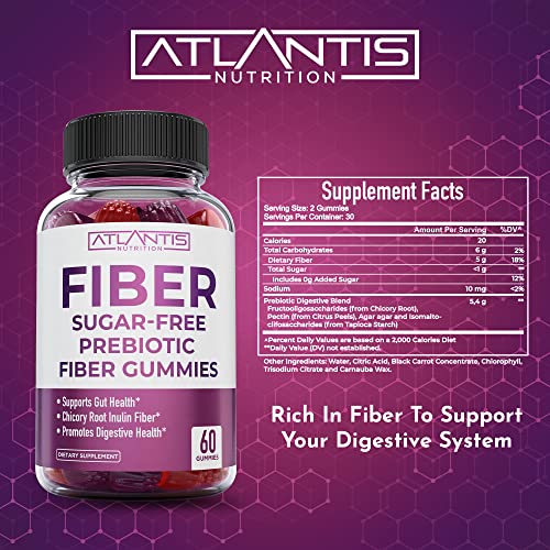 Atlantis Nutrition Sugar Free Fiber Gummies for Adults - 5G Fiber Supplement Formulated with 5.4G Prebiotic Digestive Blend/Serving - Supports Gut Health & Healthy Digestion - 2-Pack 120 Gummies 60 Count (Pack of 2)