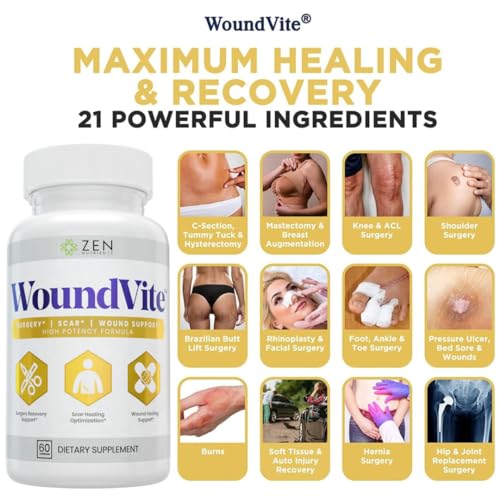 Zen Nutrients WoundVite Pre & Post Surgery Support, Scar & Wound Care, Scar Treatment, Plastic & General Surgery, Heal Faster & Aids in Recovery Time w/Bromelain, Turmeric & Arnica - 60 Vegan Caps 60 Count (Pack of 1)