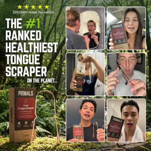 PRIMALS Copper Tongue Scraper - Fresher Breath & Improved Oral Health - Natural Ayurvedic Cleaner for Daily Detox - Rust-Resistant, Eco-Friendly with Travel Cloth Pouch Included (1 Count)