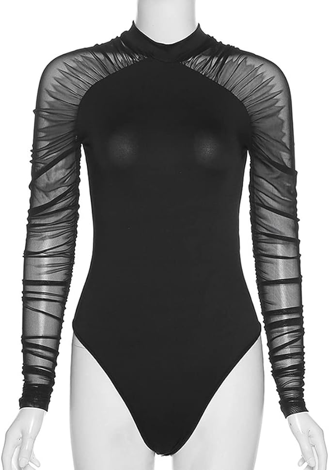 Yun Women's Long Sleeve High Neck Bodysuit, Black, Slimming, Shoulder Mesh, Slim, Inner, Tight Top, Elegant - BeesActive Australia