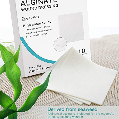 Dimora Calcium Alginate Wound Dressing, 4'' x 4'' Patches,10 Individual Sterile Pads, Soft and Highly Absorbent Dressing Gauze, Non-Stick Padding 4'' x 4'' Alginate（pack of 10）